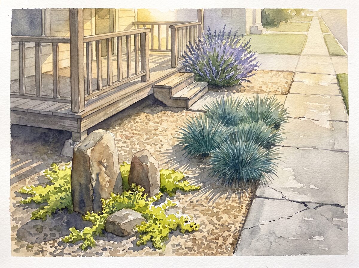 The twenty-foot front xeriscape front yard