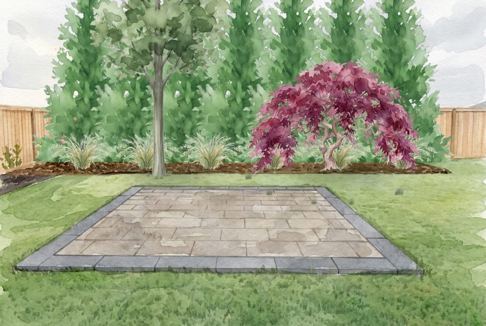 Watercolor of an ordinary suburban backyard twenty years grown: one red maple now shading half the lawn, a closed arborvitae screen along the back fence, grasses at the bed edges